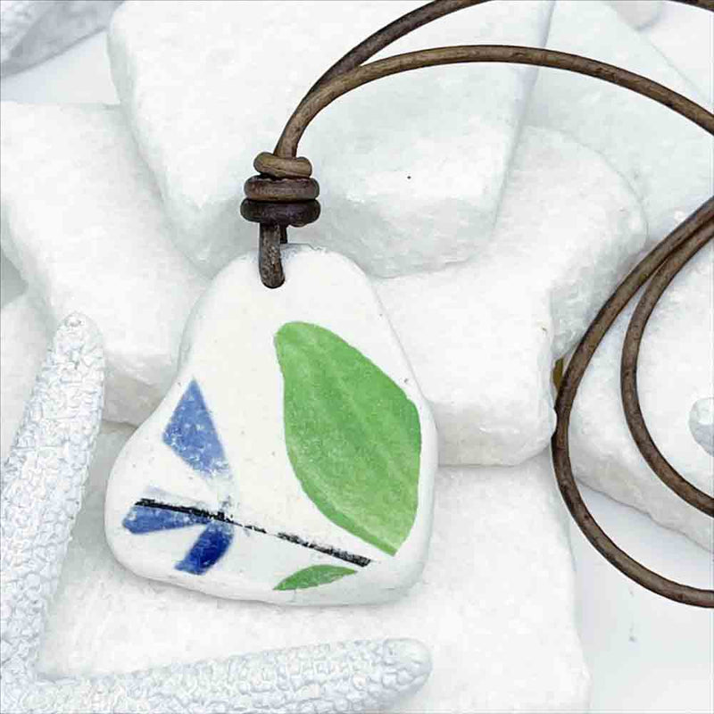 Hand-Made Green and Cobalt Sea Pottery Shard Leather Necklace