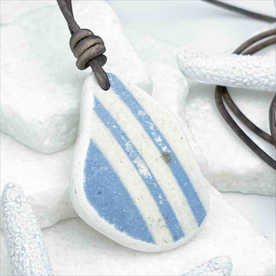 Sky-Blue Striped Sea Shard Pottery Leather Necklace 