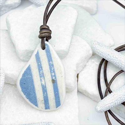 Sky-Blue Striped Sea Shard Pottery Leather Necklace 