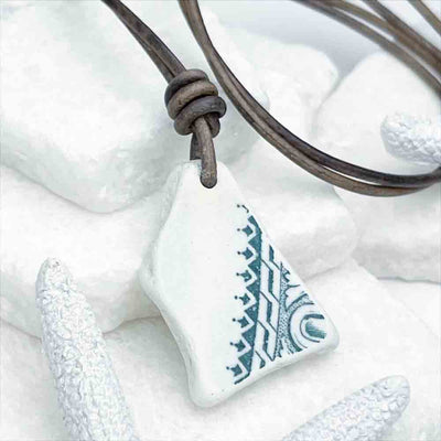 Lively Teal Geometric Sea Shard Pottery Leather Necklace