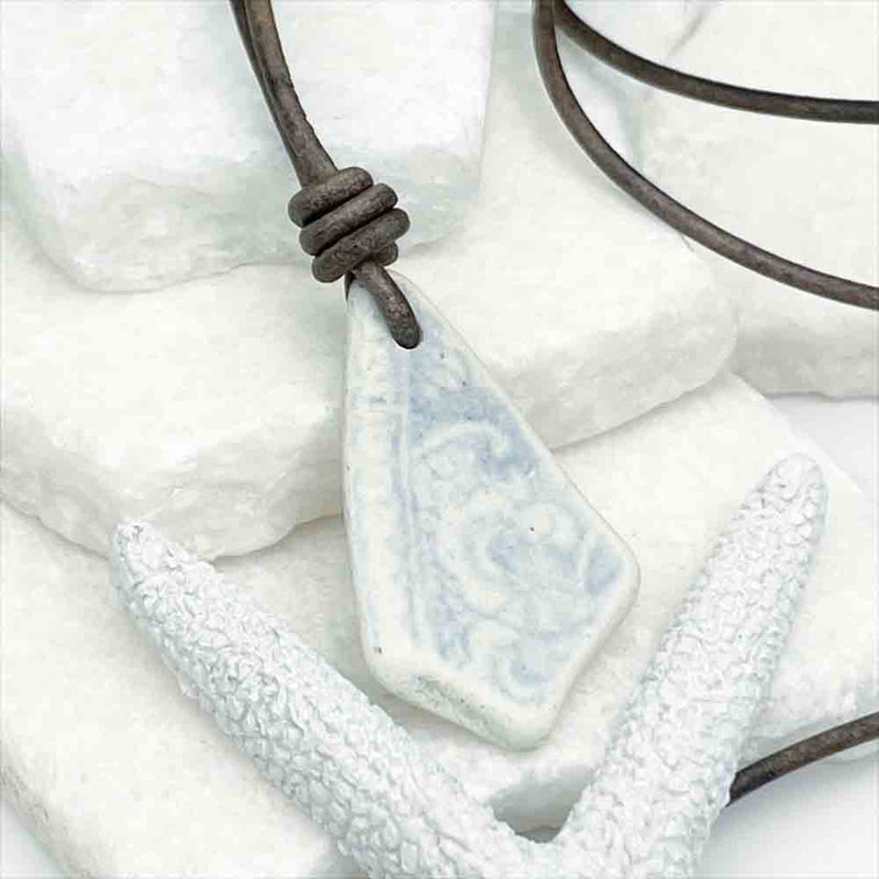 Light Blue and White Floral Sea Shard Pottery Leather Necklace