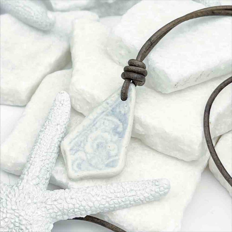 Light Blue and White Floral Sea Shard Pottery Leather Necklace