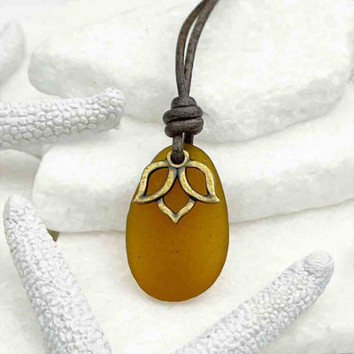 Amber Sea Glass Leather Necklace with Bronze Lotus Charm 
