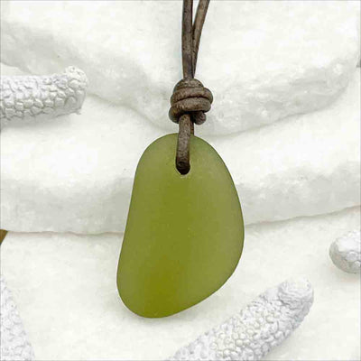 Soothing Olive Green Sea Glass Surfside Leather Necklace 