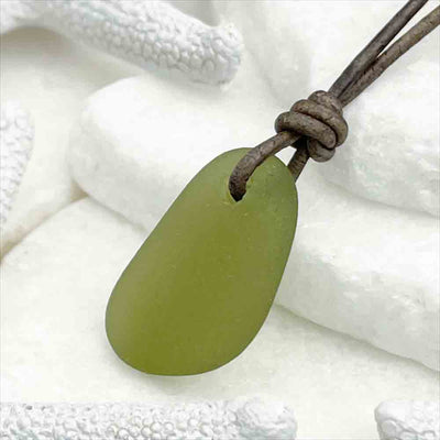 Soothing Olive Green Sea Glass Surfside Leather Necklace 
