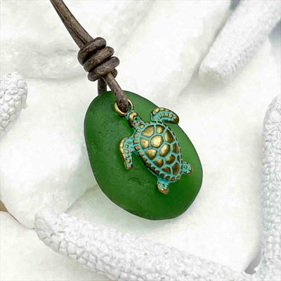 Champagne Green Sea Glass Leather Necklace with Bronze Turtle Charm