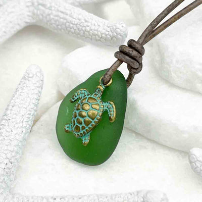Champagne Green Sea Glass Leather Necklace with Bronze Turtle Charm