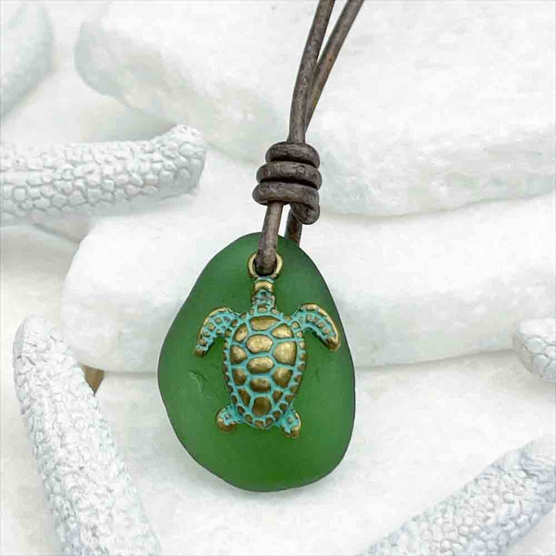 Champagne Green Sea Glass Leather Necklace with Bronze Turtle Charm