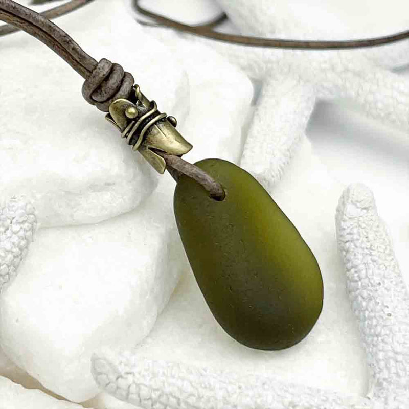 Wine Bottle Olive Sea Glass Leather Necklace | Real Sea Glass