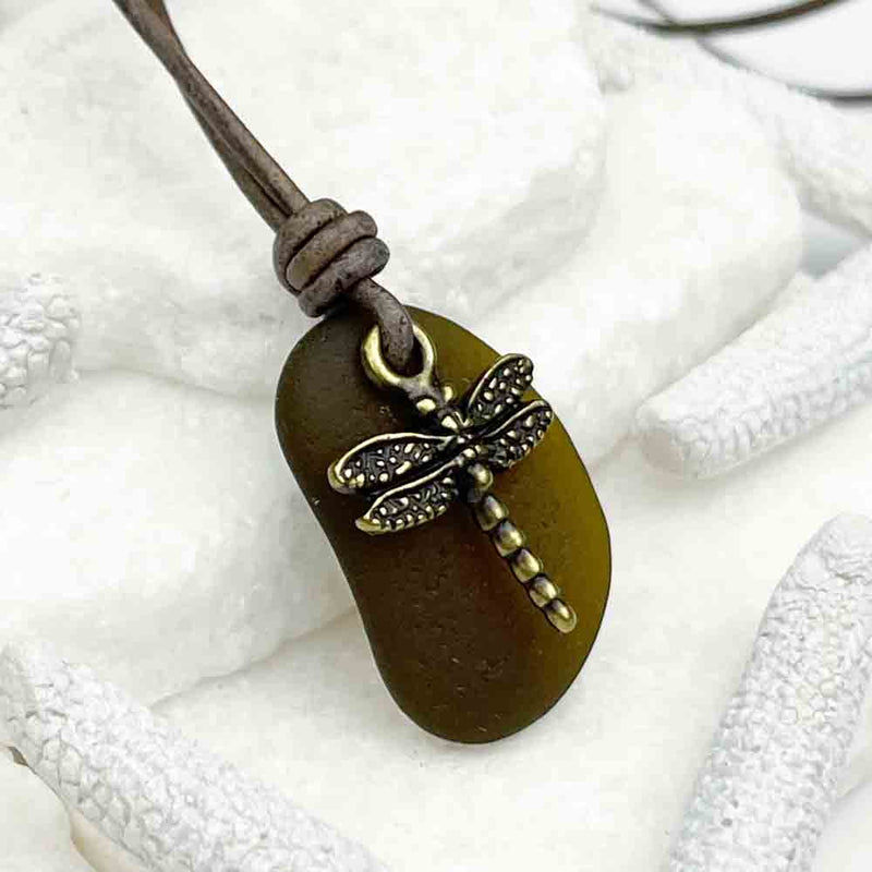 Dark Amber Sea Glass Leather Necklace with Bronze Dragonfly