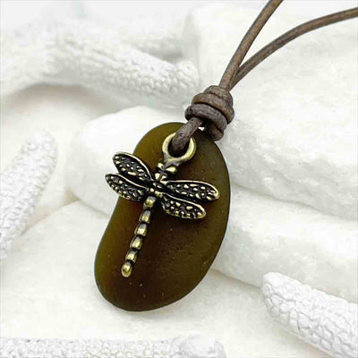Dark Amber Sea Glass Leather Necklace with Bronze Dragonfly