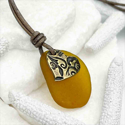 Bright Amber Sea Glass with Bronze Heart Charm on a Leather Necklace 