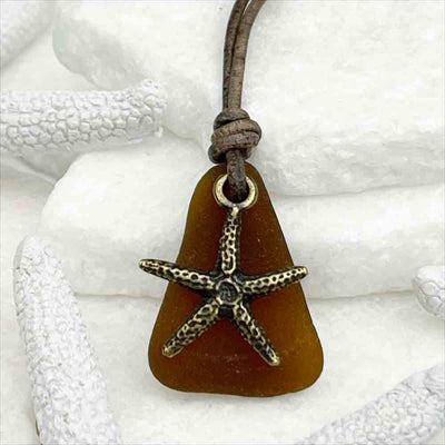 Natural Rootbeer Brown Sea Glass and Detailed Bronze Starfish on a Leather Necklace