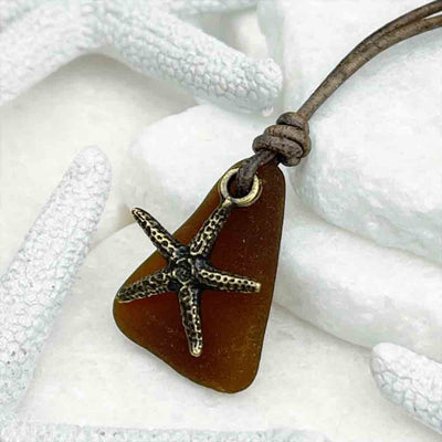 Natural Rootbeer Brown Sea Glass and Detailed Bronze Starfish on a Leather Necklace