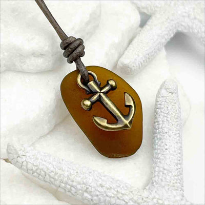 Rootbeer Brown Sea Glass Leather Necklace with a Bronze Anchor Charm 