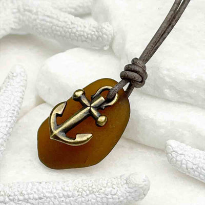 Rootbeer Brown Sea Glass Leather Necklace with a Bronze Anchor Charm 