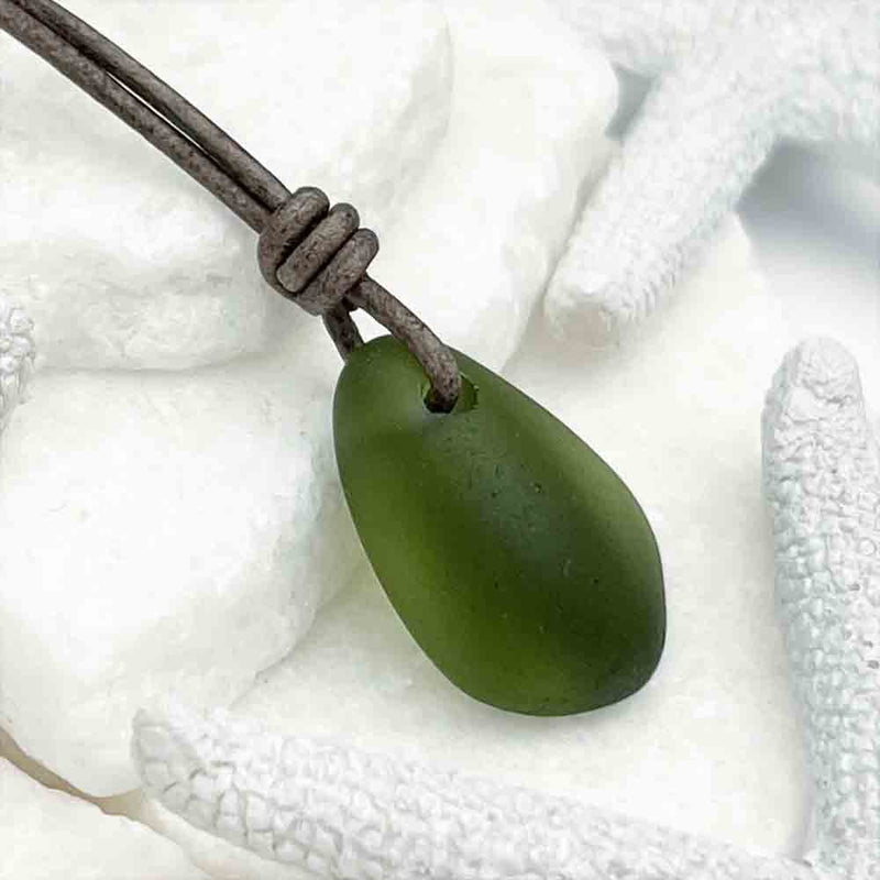 Champagne Green Bottle-Bottom Sea Glass Leather Necklace 