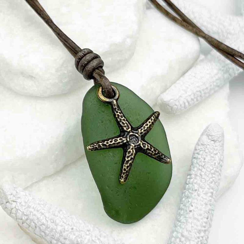 Deep Champagne Green Sea Glass and Bronze Starfish Leather Necklace 