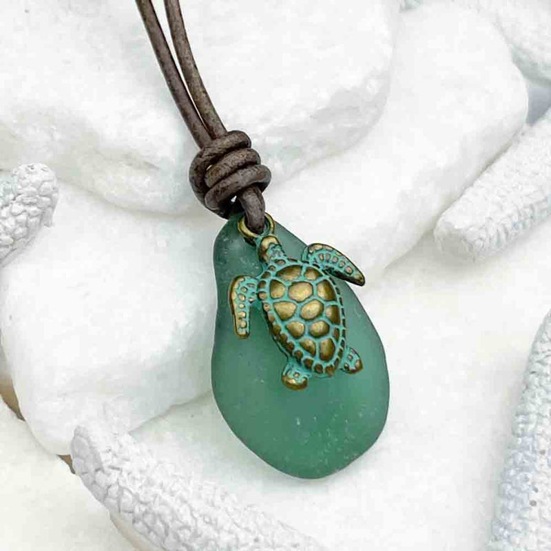 Light Champagne Green Sea Glass and Bronze Sea Turtle Leather Necklace