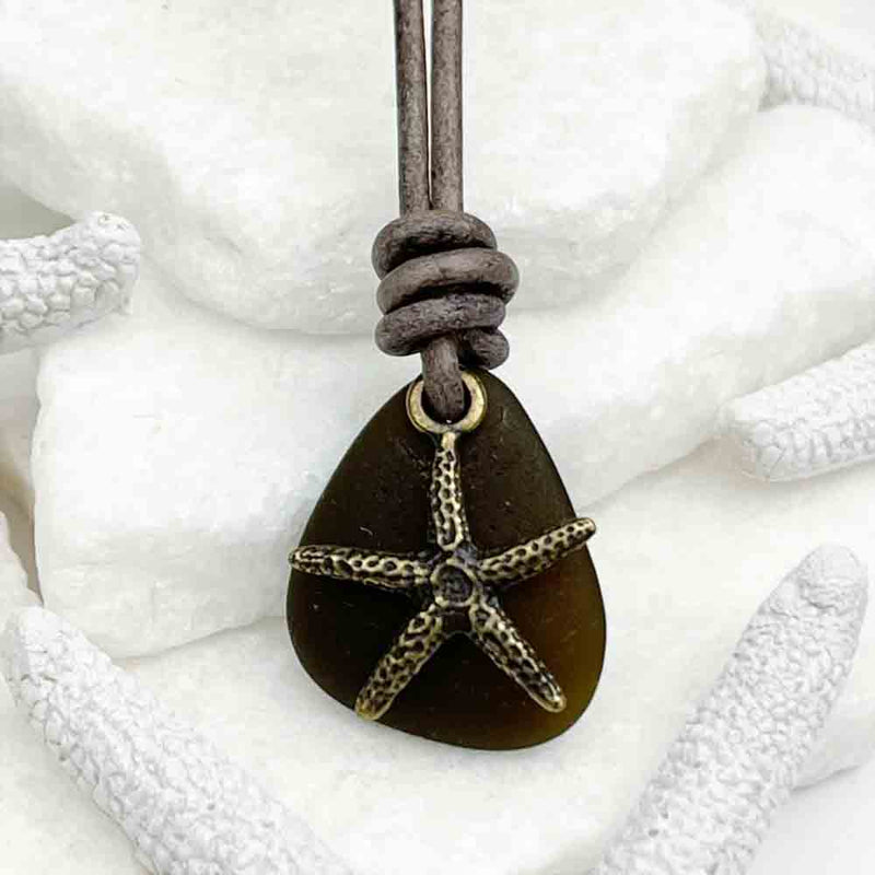 Deep Amber Sea Glass and a Bronze Starfish Charm Leather Necklace