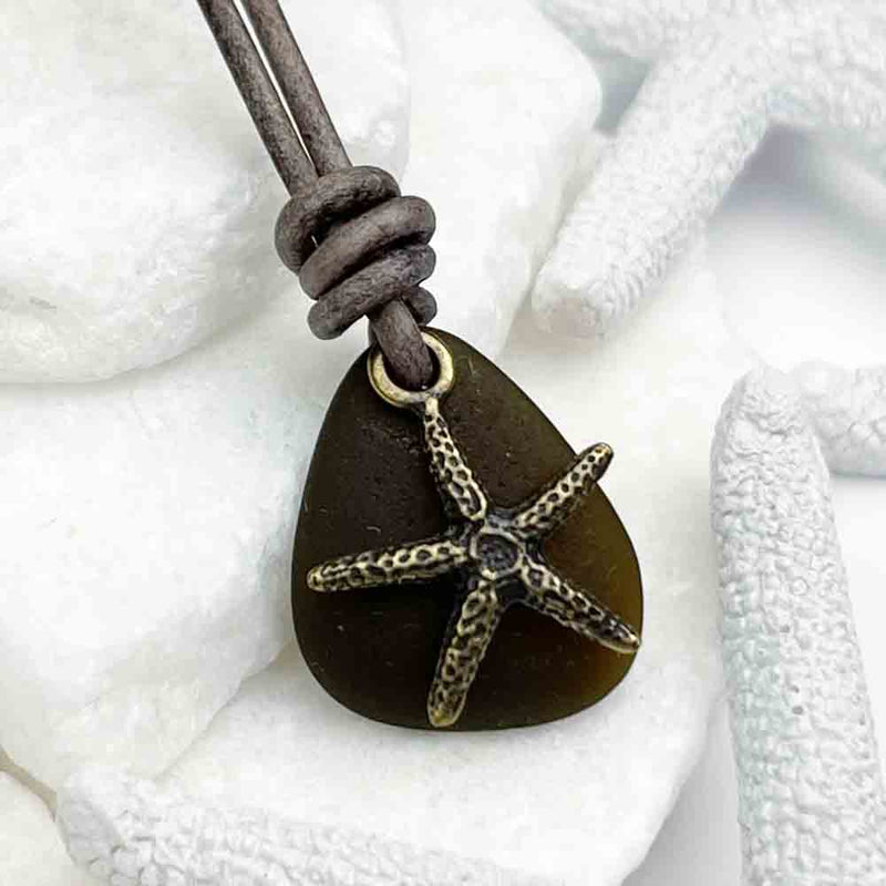 Deep Amber Sea Glass and a Bronze Starfish Charm Leather Necklace