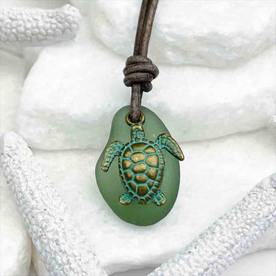 Surfside Leather Necklace with Champagne Green Sea Glass and Bronze Turtle Charm
