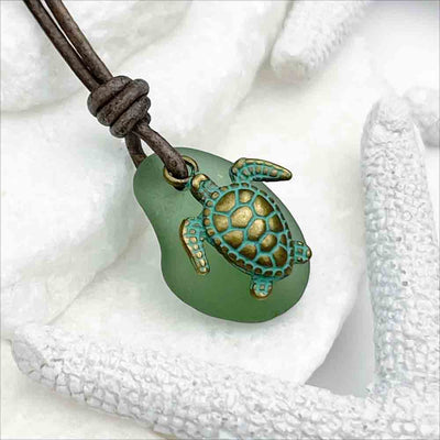 Surfside Leather Necklace with Champagne Green Sea Glass and Bronze Turtle Charm