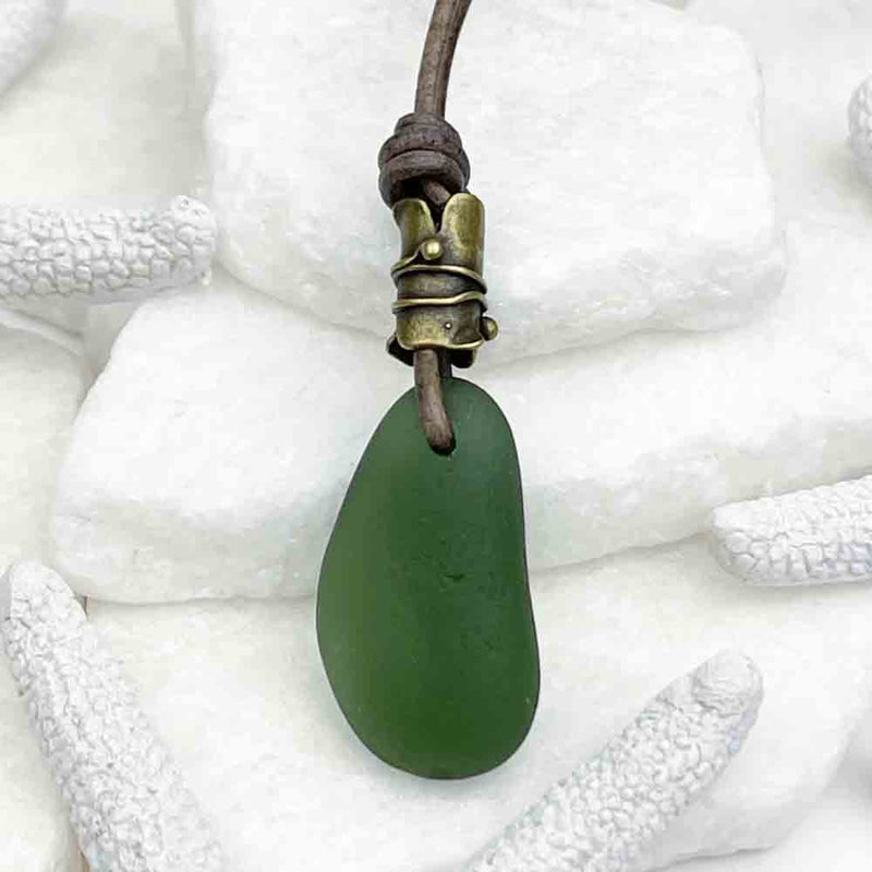 Champagne Green Bottle-Bottom Sea Glass with Bronze Bail on Leather Necklace