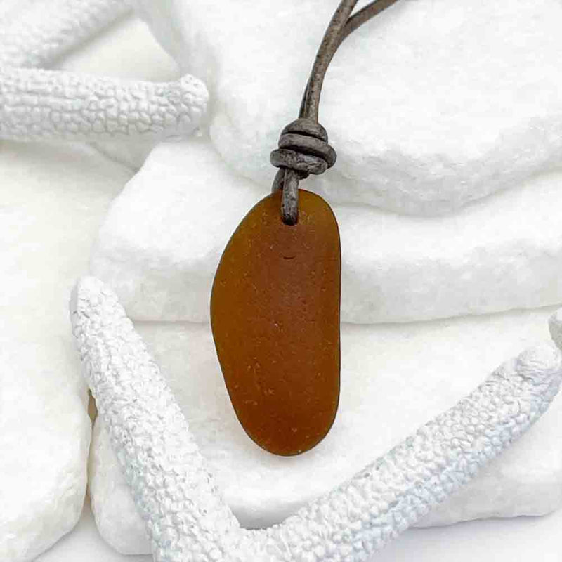 Solid Amber Sea Glass Surfside Genuine Leather Necklace 