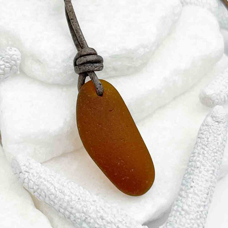 Solid Amber Sea Glass Surfside Genuine Leather Necklace 