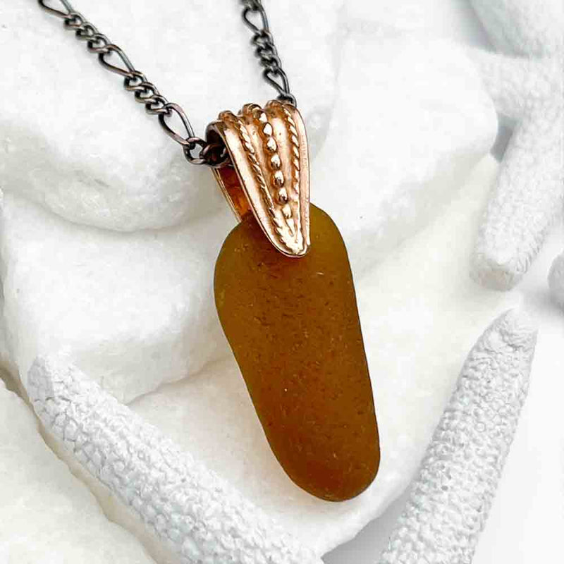 Rootbeer Bottle-Bottom Sea Glass Pendant with Copper Bail 