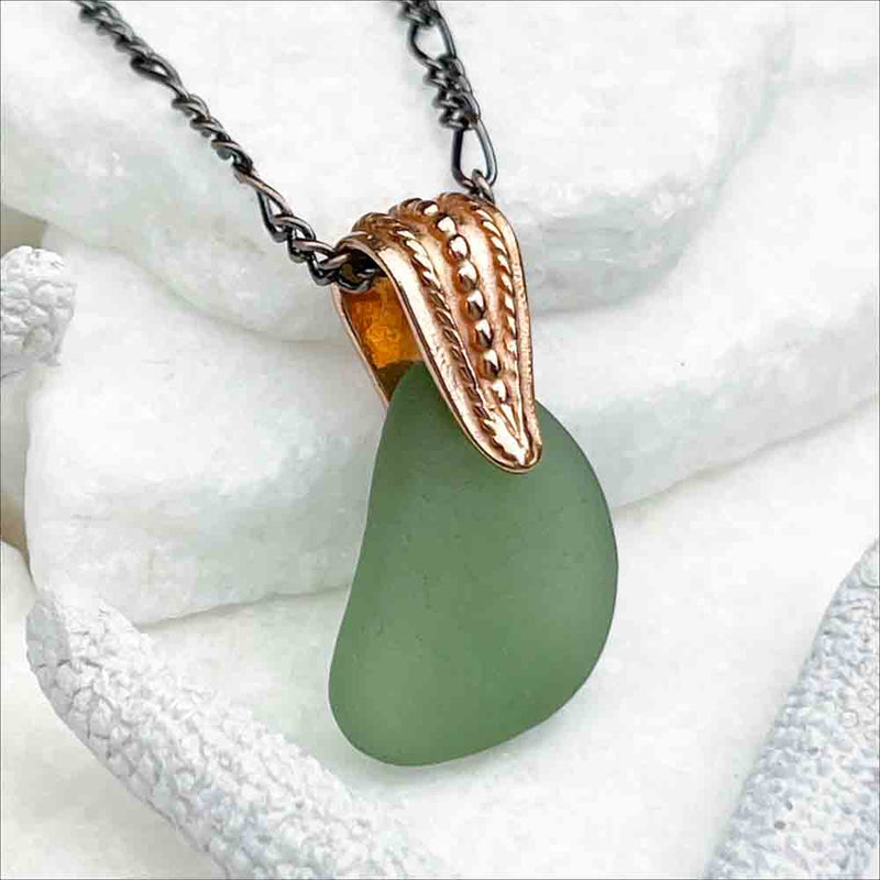 Champagne Green Bottle-Bottom Sea Glass Pendant with Copper Bail