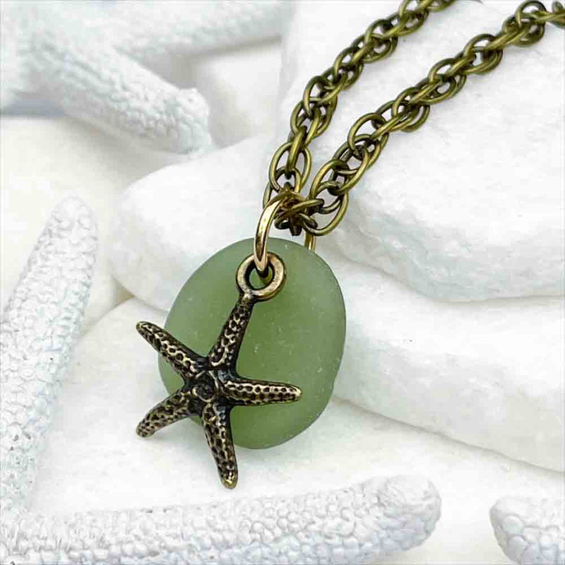 Champagne Green Sea Glass Gumdrop Pendant with a Bronze Starfish Charm