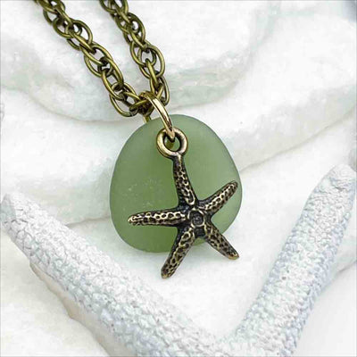 Champagne Green Sea Glass Gumdrop Pendant with a Bronze Starfish Charm