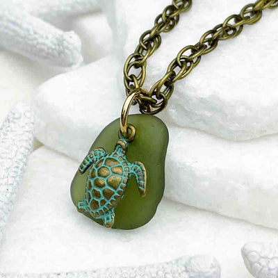 Champagne Green Sea Glass Pendant with Bronze Turtle Charm