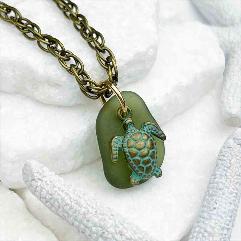 Champagne Green Sea Glass Pendant with Bronze Turtle Charm