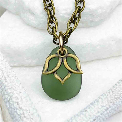 Light Champagne Green Sea Glass Pendant with Lotus Charm