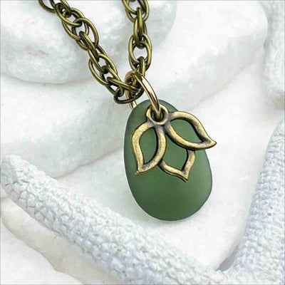 Light Champagne Green Sea Glass Pendant with Lotus Charm