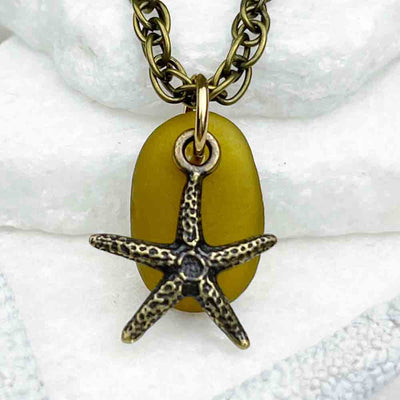 Citron Sea Glass Pendant with Bronze Starfish Charm | Real Sea Glass