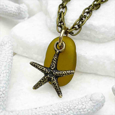 Citron Sea Glass Pendant with Bronze Starfish Charm | Real Sea Glass