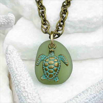 Champagne Green Sea Glass Pendant with Bronze and Turquoise Sea Turtle Charm