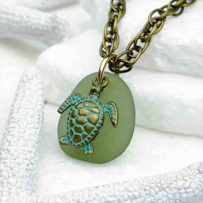 Champagne Green Sea Glass Pendant with Bronze and Turquoise Sea Turtle Charm