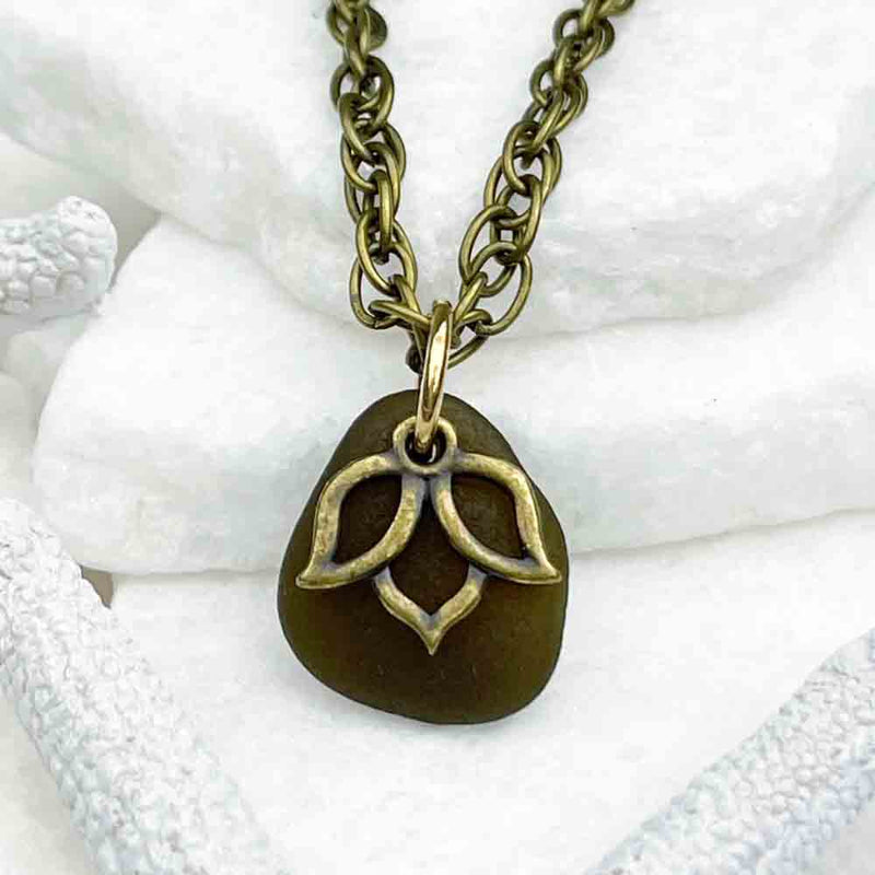 Black Amber Sea Glass Pendant with Bronze Lotus Charm | Real Sea Glass