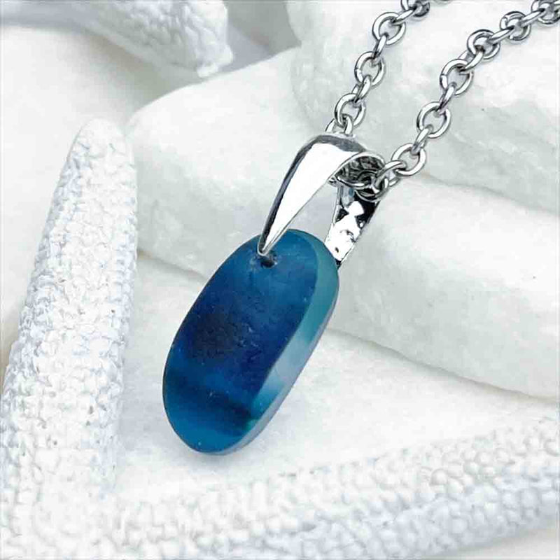 Mystic Blue English Multi Sea Glass Sterling Silver Pendant 