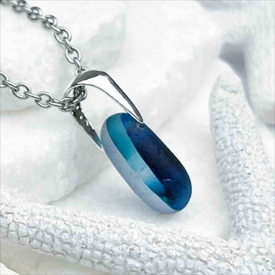 Mystic Blue English Multi Sea Glass Sterling Silver Pendant 