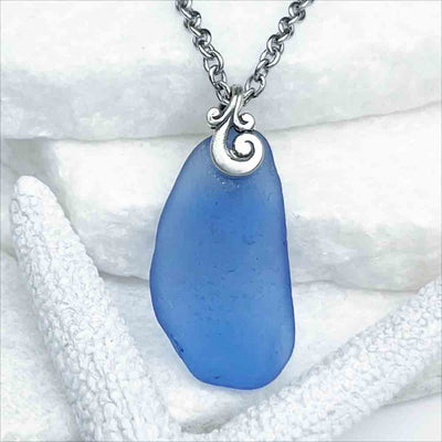 Vintage Cornflower Blue Sea Glass Pendant | Real Sea Glass