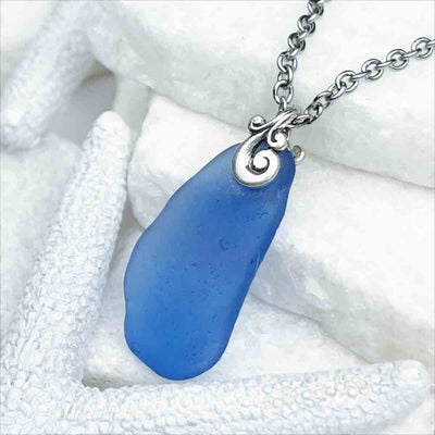 Vintage Cornflower Blue Sea Glass Pendant | Real Sea Glass