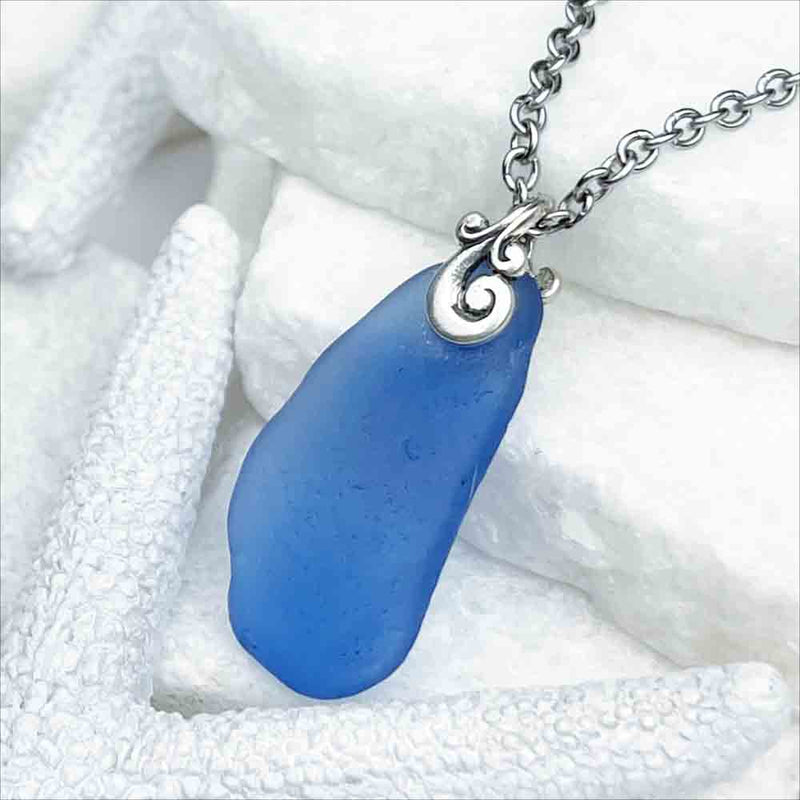 Vintage Cornflower Blue Sea Glass Pendant | Real Sea Glass