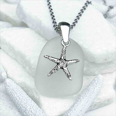 Crystal Clear Bottle Bottom Sea Glass Pendant with Starfish Charm | Real Sea Glass