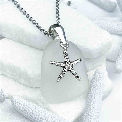 Crystal Clear Bottle Bottom Sea Glass Pendant with Starfish Charm | Real Sea Glass